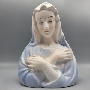 Vintage Enesco Japan Virgin Mary Ceramic Bust Figurine Blue White Religious Deco